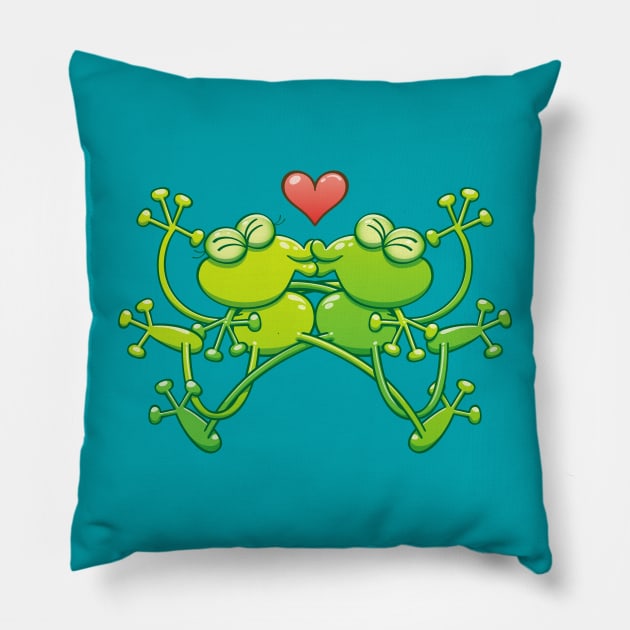 Couple of funny green frogs in love kissing passionately Pillow by zooco