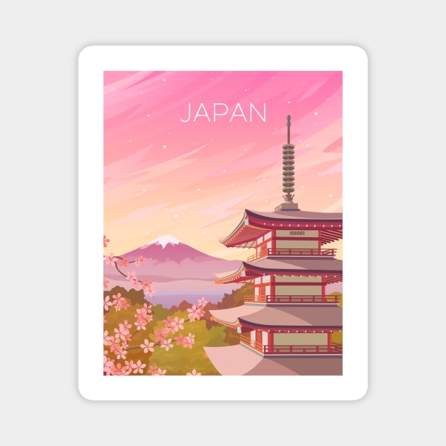 Japan - Mount Fuji and Chureito Pagoda in Pink Sunset Magnet by typelab