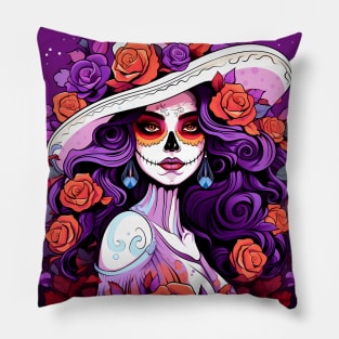 catrina girl with flowers Pillow