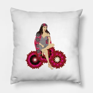 Beautiful gypsy woman on pink flower cart Pillow