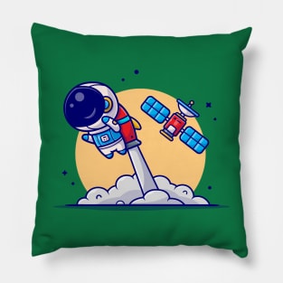 Cute Astronaut Flying with Rocket and Satellite Cartoon Vector Icon Illustration Pillow