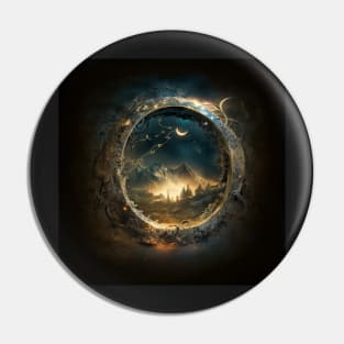 One Ring Portal View of Mountains and Forest Under A Night Sky Pin