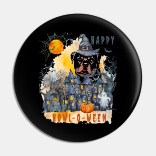 Rottweiler Happy Howl-o-ween Ghost Houses Funny Watercolor Pin