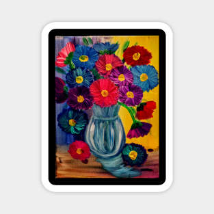 fun and colorful abstract flowers set against a multi-color background Magnet