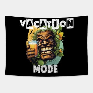 Tiki Statue Holding A Beer - Vacation Mode (White Lettering) Tapestry