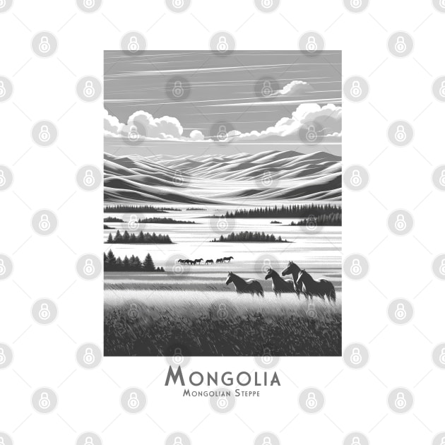 Serene Mongolian Steppes - Horses in Mongolia - black and white by POD24