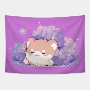 Purple Flowers Kawaii Baby Shiba Inu Tapestry