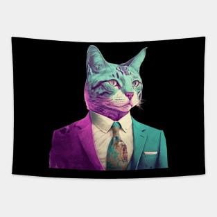 Vaporwave Cat in a Suit Tapestry