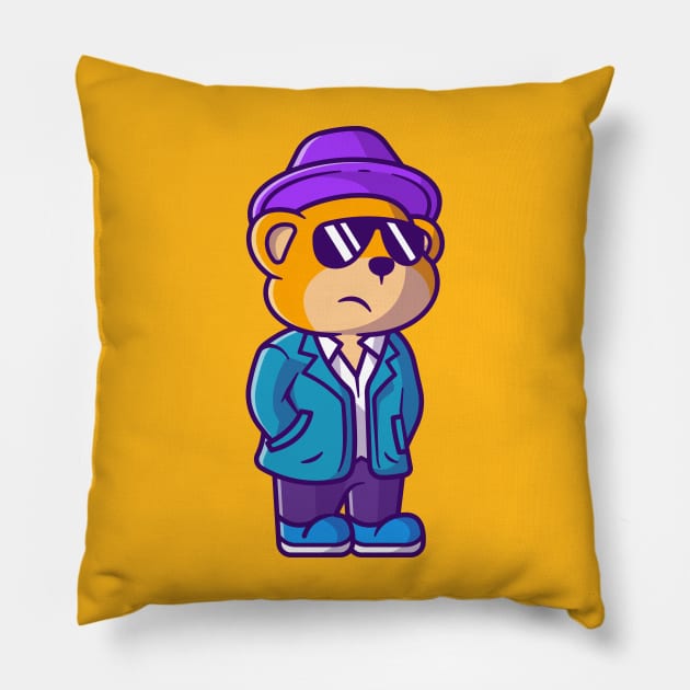 Cute Detective Bear Cartoon Vector Icon Illustration Pillow by Catalyst Labs