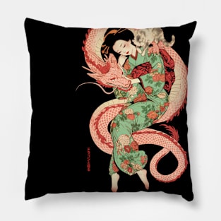 Japanese Girl With Dragon and Cats 2 T-Shirt 05 Pillow