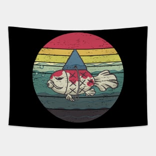 Funny Koi Fish With Shark Fin Retro Sunset Rainbow Color Tapestry