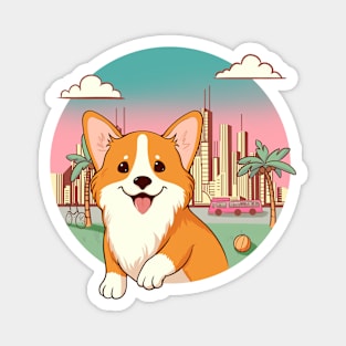 Cute corgi against the backdrop of a sunset city Magnet