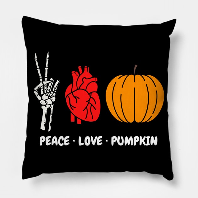 Peace Love Pumpkin Skeleton Hand Human Heart Organ Plump Pumpkin Halloween Lovers Peace Sign Red Heart Pillow by nathalieaynie