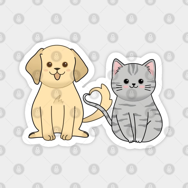 Cute chubby cat and dog with heart tail Magnet by ballooonfish