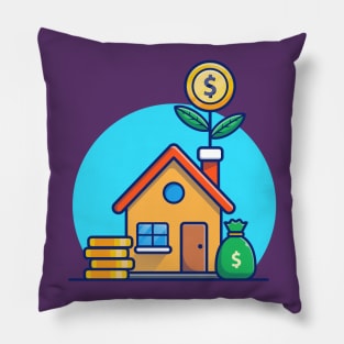 House With Gold Coin Money Plant Cartoon Pillow