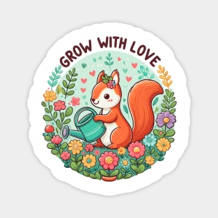 Cherished Blooms: "Grow with Love" Squirrel and Floral Circle Magnet