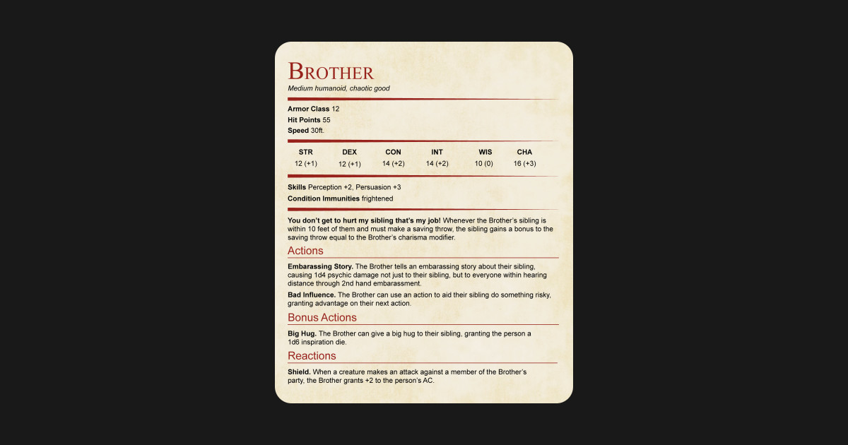 D&D Brother Stat Block - Dnd Stat Block - T-Shirt | TeePublic