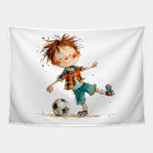 Little Boy Playing Soccer Tapestry