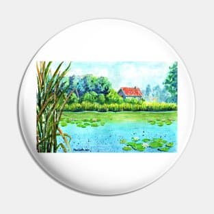 Cottage by the lake in watercolors Pin