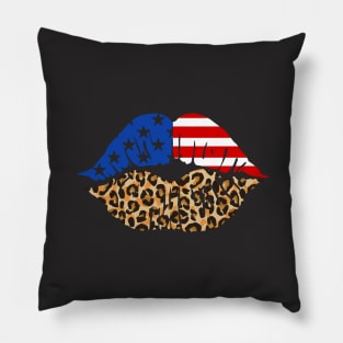 USA Flag Leopard Print Lips 4th of July Pillow