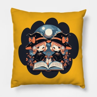 Baby Witch Gemini Zodiac Sign Reading Spell Book Chibi Style Pillow