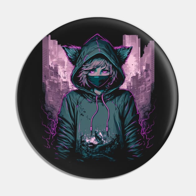 Anime hooded Catgirl silkscreen Pin by nickedenholm