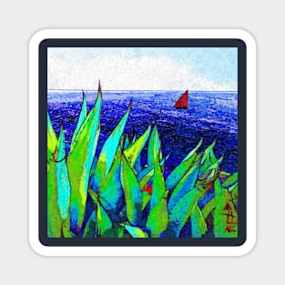 Agave Plant Seascape Red Sail Sailboat Sailing Painting Magnet