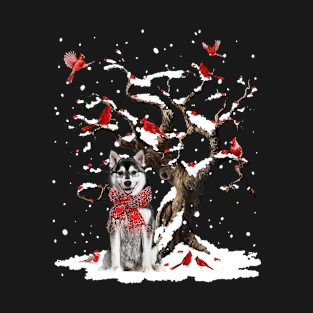 Husky Scarf Cardinal Snow Christmas T-Shirt