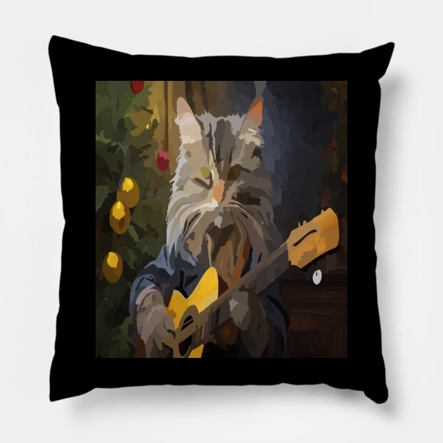watercolor cat playing guitar with Christmas tree Pillow by Catbrat