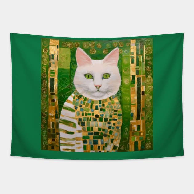 White Klimt Cat with Green Eyes Dressed in Green and Gold Tapestry by bragova