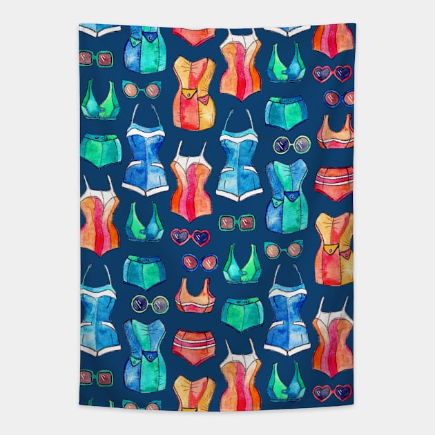 Sixties Swimsuits and Sunnies on dark blue Tapestry by micklyn