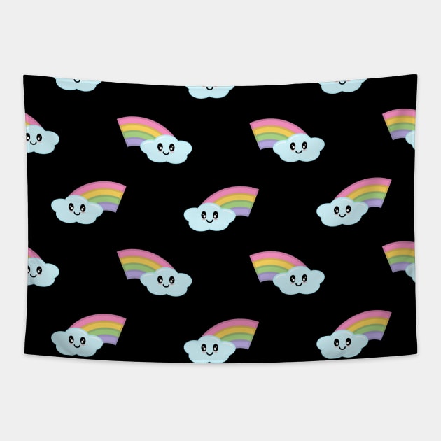 Kawaii Cute Rainbow Pattern in Black Tapestry by Kelly Gigi