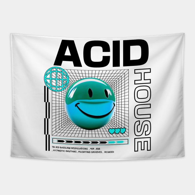 ACID HOUSE  - 3D Smiley (Blue/Black) Tapestry by DISCOTHREADZ 