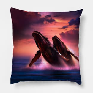 Humpback Whales Breaching at Dramatic Sunset Pillow