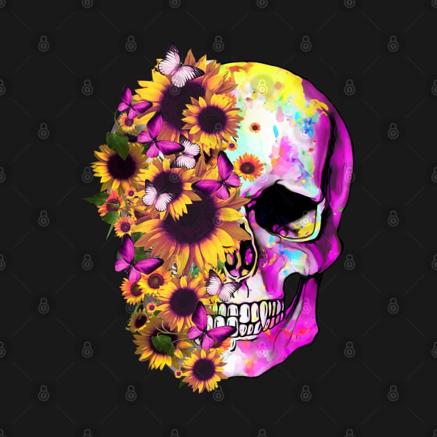 Tattoo skull floral sunflowers watercolor design by Collagedream