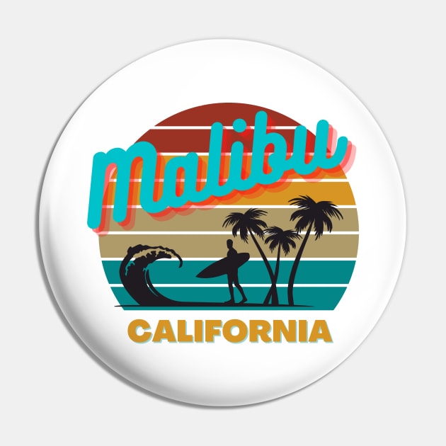 Malibu  California Retro Vintage Sunset Graphic Design Pin by AdrianaHolmesArt