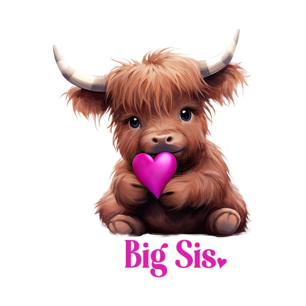 Cute Big Sis Bright Pink Highland Cow by k8creates