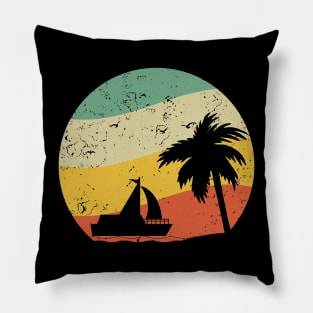 Palm Tree & Boat Summer Retro Sunshine Summer Vacation Beach Pillow