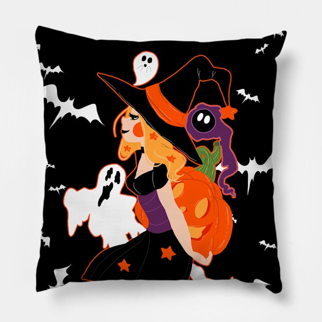 "Happy Halloween" Cute Spooky Witch Pillow by saradaboru