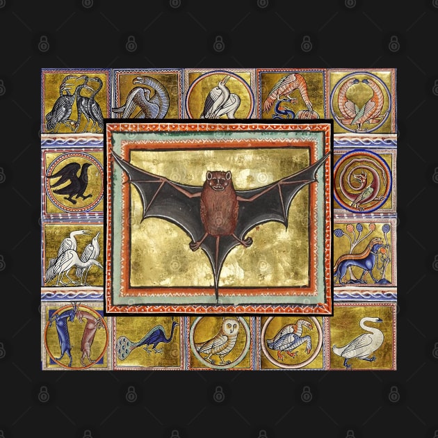 MEDIEVAL BESTIARY,BAT, FANTASTIC ANIMALS IN GOLD RED BLUE COLORS by BulganLumini