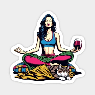 Woman Cat and Wine Meditation Magnet