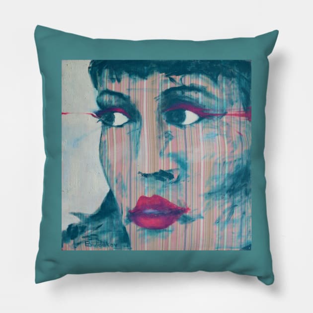 "A Girl with purple makeup" portrait painting Pillow by Dmitry_Buldakov