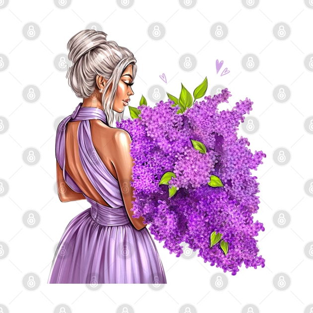 Blonde Girl Lilac Flower Bouquet by AllessyArt 