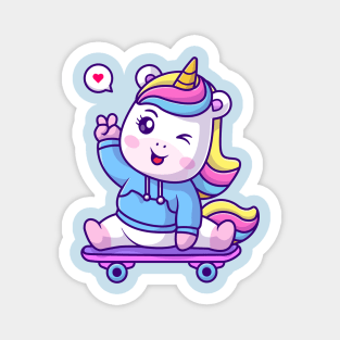 Cute Unicorn Waving Hand On Skateboard Cartoon Magnet