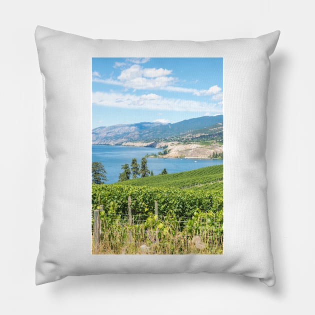 Summer View of Vineyards and Okanagan Lake Pillow by Amy-K-Mitchell