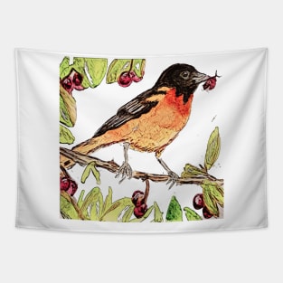 Baltimore Oriole, pretty bird eating cherries Tapestry