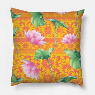 Hong Kong Lotus Pink and Green with Floral Pastel Orange and Pink Pattern Pillow