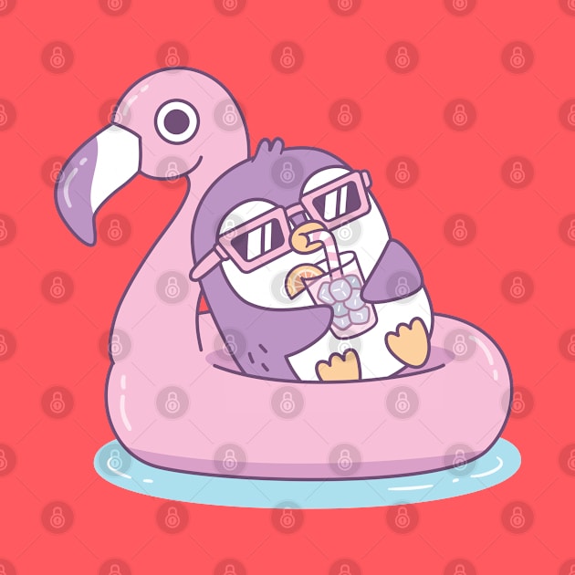 Cute Purple Penguin Chillin On Pink Flamingo Pool Float by rustydoodle