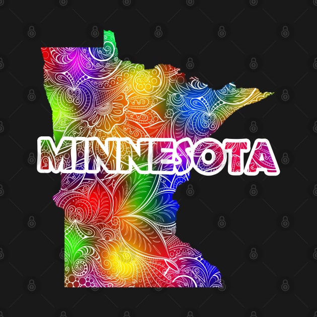 Colorful mandala art map of Minnesota with text in multicolor pattern by Happy Citizen