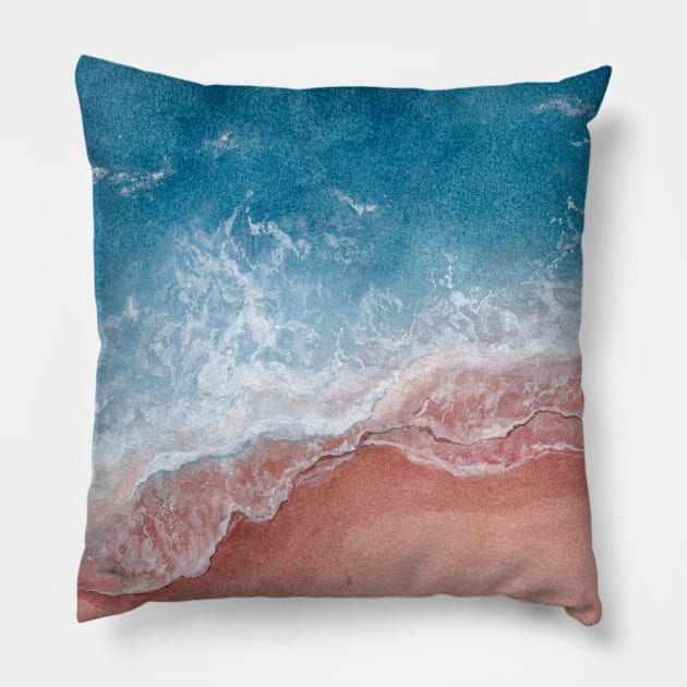 Pink Beach with Blue Waves Pillow by Flowering Words